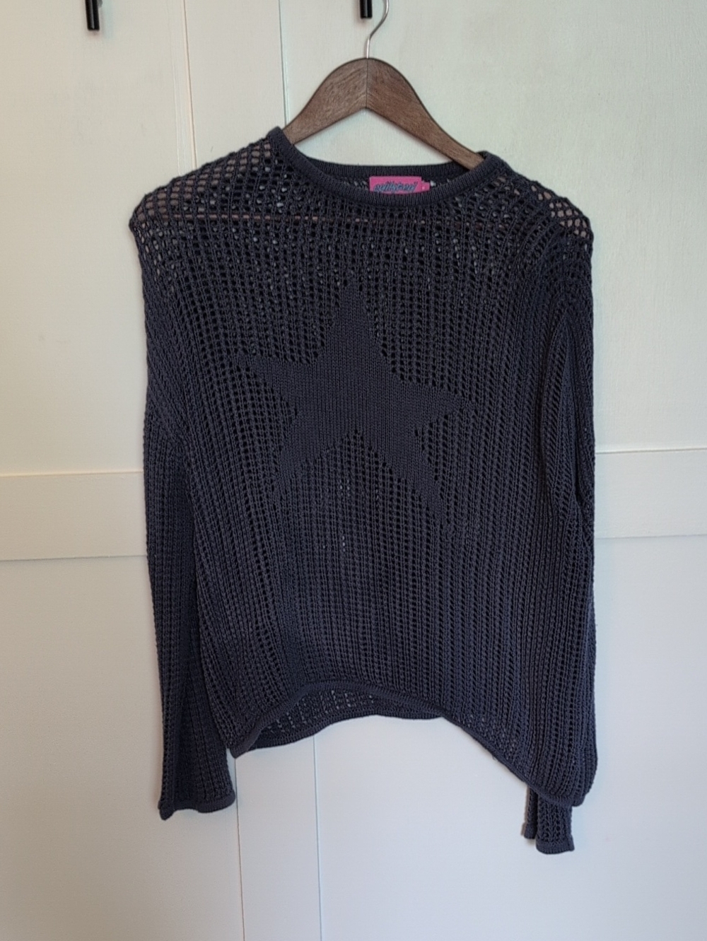 Edikted Navy Open-Knit Star Crewneck Sweater
